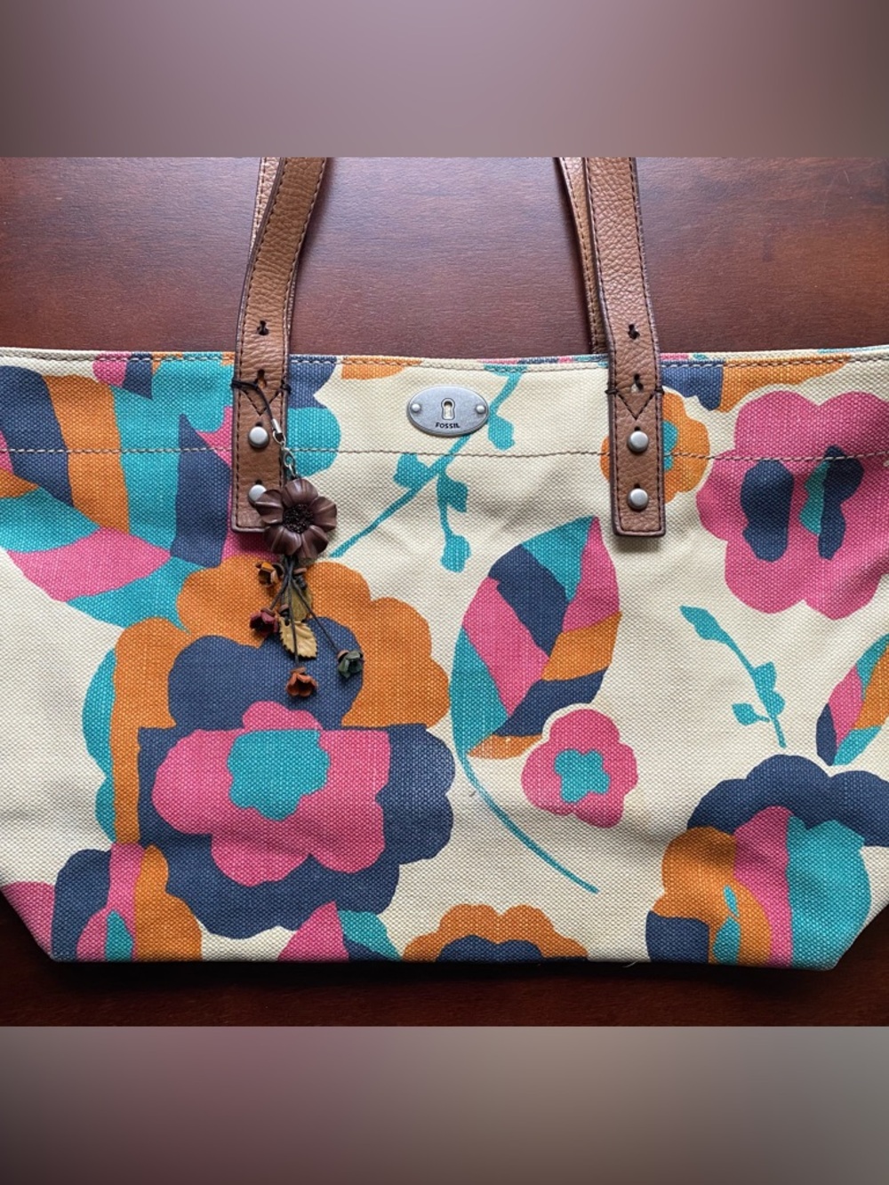 Fossil Floral Canvas Tote in Cream, Pink, Teal, Orange, Navy